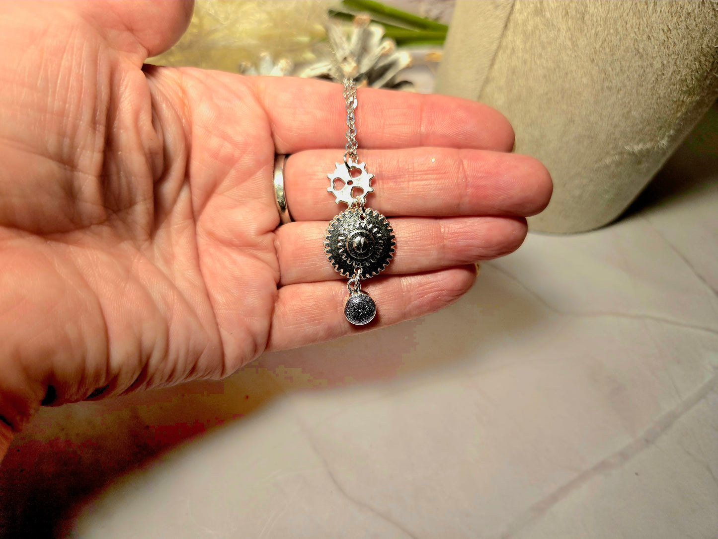 Steampunk Gear Necklace: Silver Industrial Pendant with Charm Detail