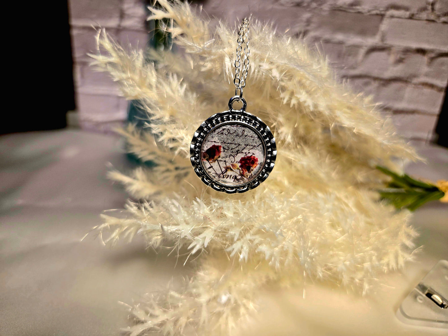 Vintage Rose Pendant Necklace: Antique Silver Script Jewelry