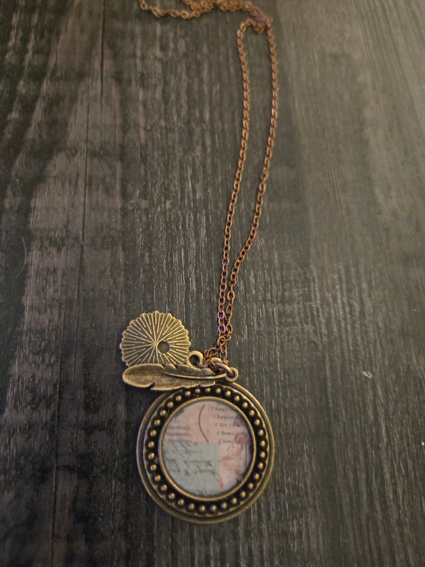Vintage Floral Pendant Necklace: Pink Flower Illustration, Feather Charm
