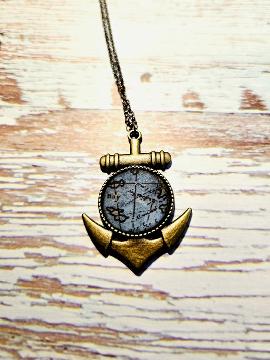 Nautical Anchor Necklace: Vintage Map Pendant, Coastal Jewelry