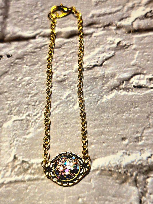 Boho Druzy Flower Bracelet: Antique Bronze Chain, Enamel Charm