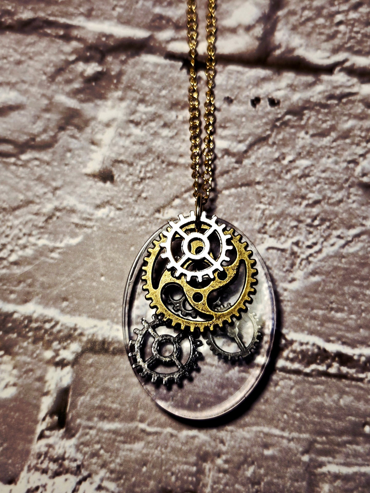 Steampunk Gear Necklace: Gold & Silver Resin Pendant