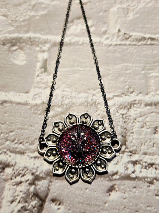 Red Glitter Mandala Necklace: Boho Floral Pendant, Vintage Style