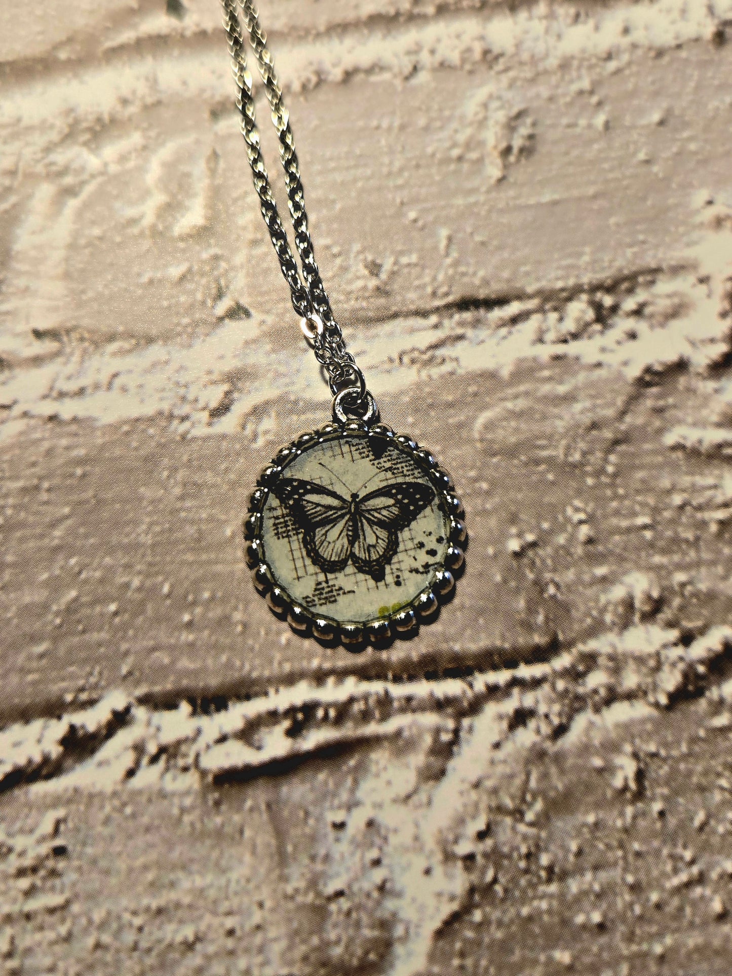 Vintage Butterfly Postcard Pendant Necklace – Silver Chain with Butterfly Charm