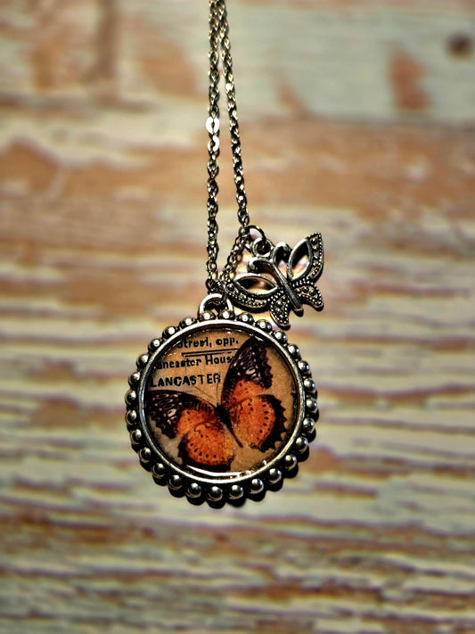 Butterfly Pendant Necklace – Vintage Monarch Illustration with Silver Butterfly Charm