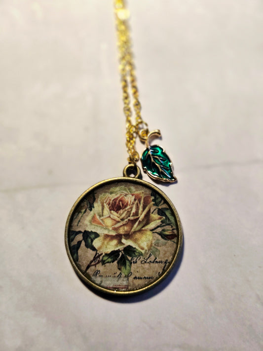 Vintage Rose Pendant Necklace: Botanical Yellow Flower Charm