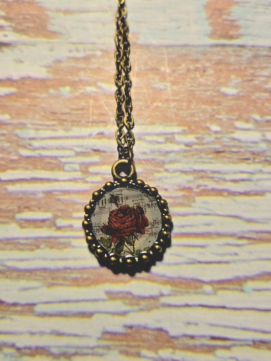 Vintage Rose Pendant Necklace – Antique Brass Chain with Red Rose Illustration