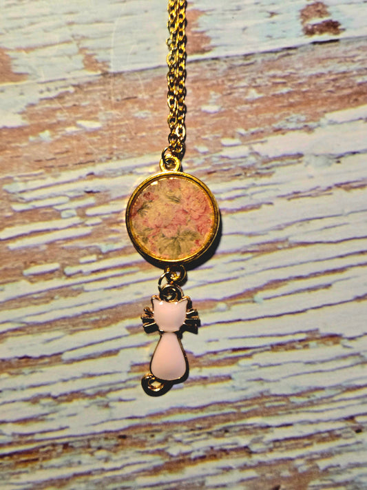 Gold and Pink Pendant Set in Gold with a Cat Charm