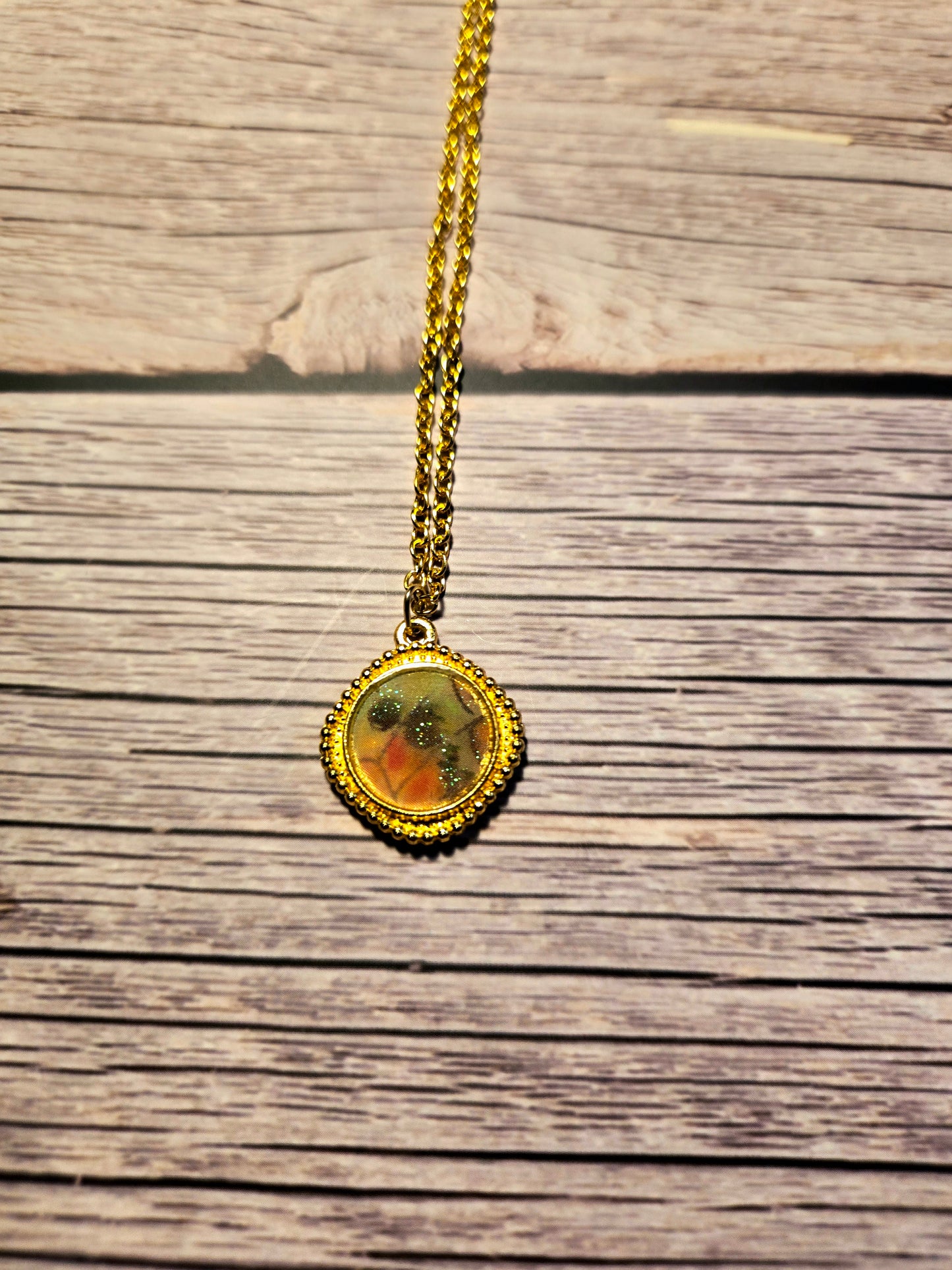 Handmade Spiritual Pendant with Gold Frame | Glitter Resin Charm Necklace Goddess Jewelry