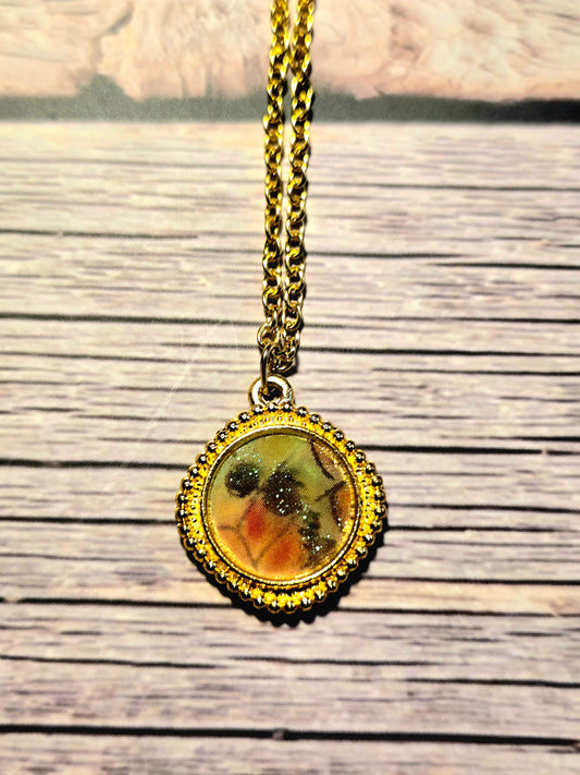 Handmade Spiritual Pendant with Gold Frame | Glitter Resin Charm Necklace Goddess Jewelry