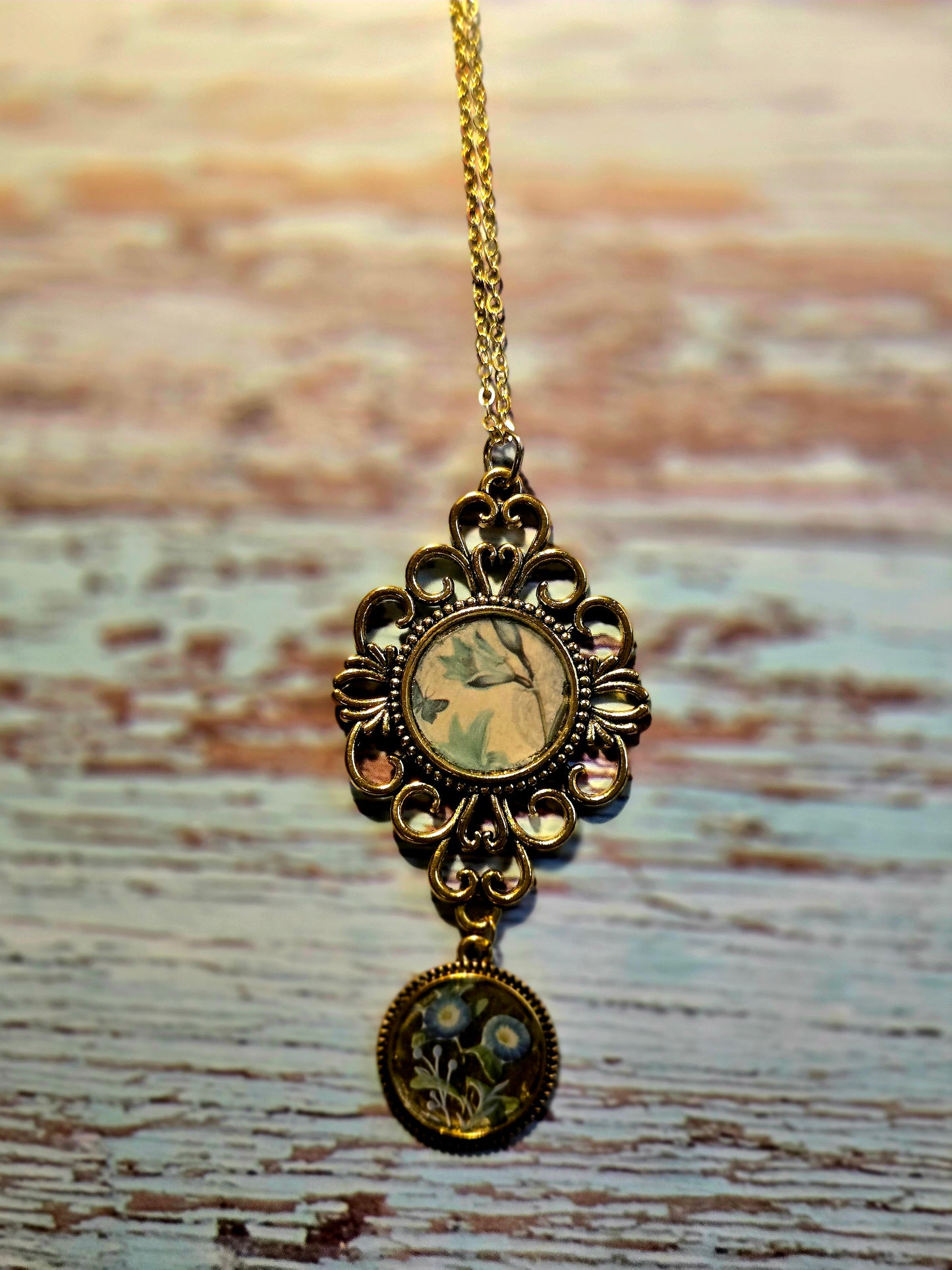 Vintage Flower Pendant Necklace – Antique Brass Double Charm Necklace – Nature Inspired