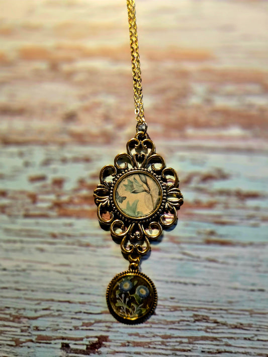 Vintage Flower Pendant Necklace – Antique Brass Double Charm Necklace – Nature Inspired