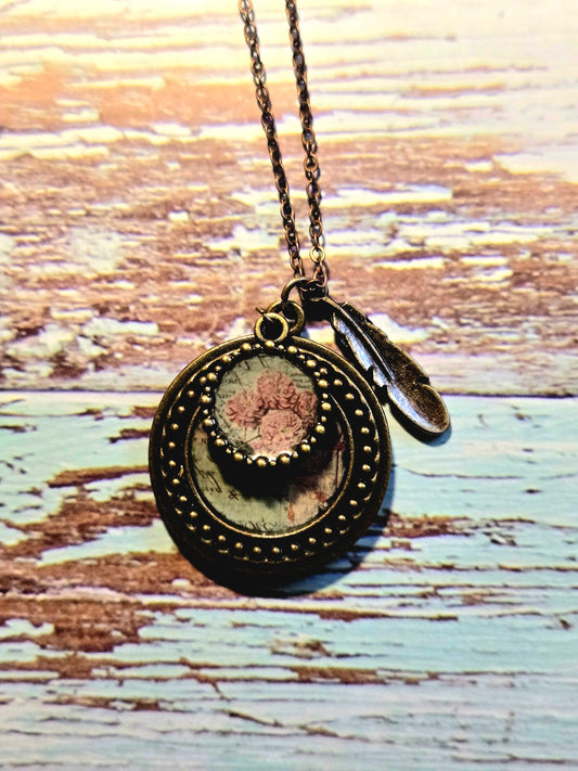 Vintage Floral Pendant Necklace: Pink Flower Illustration, Feather Charm