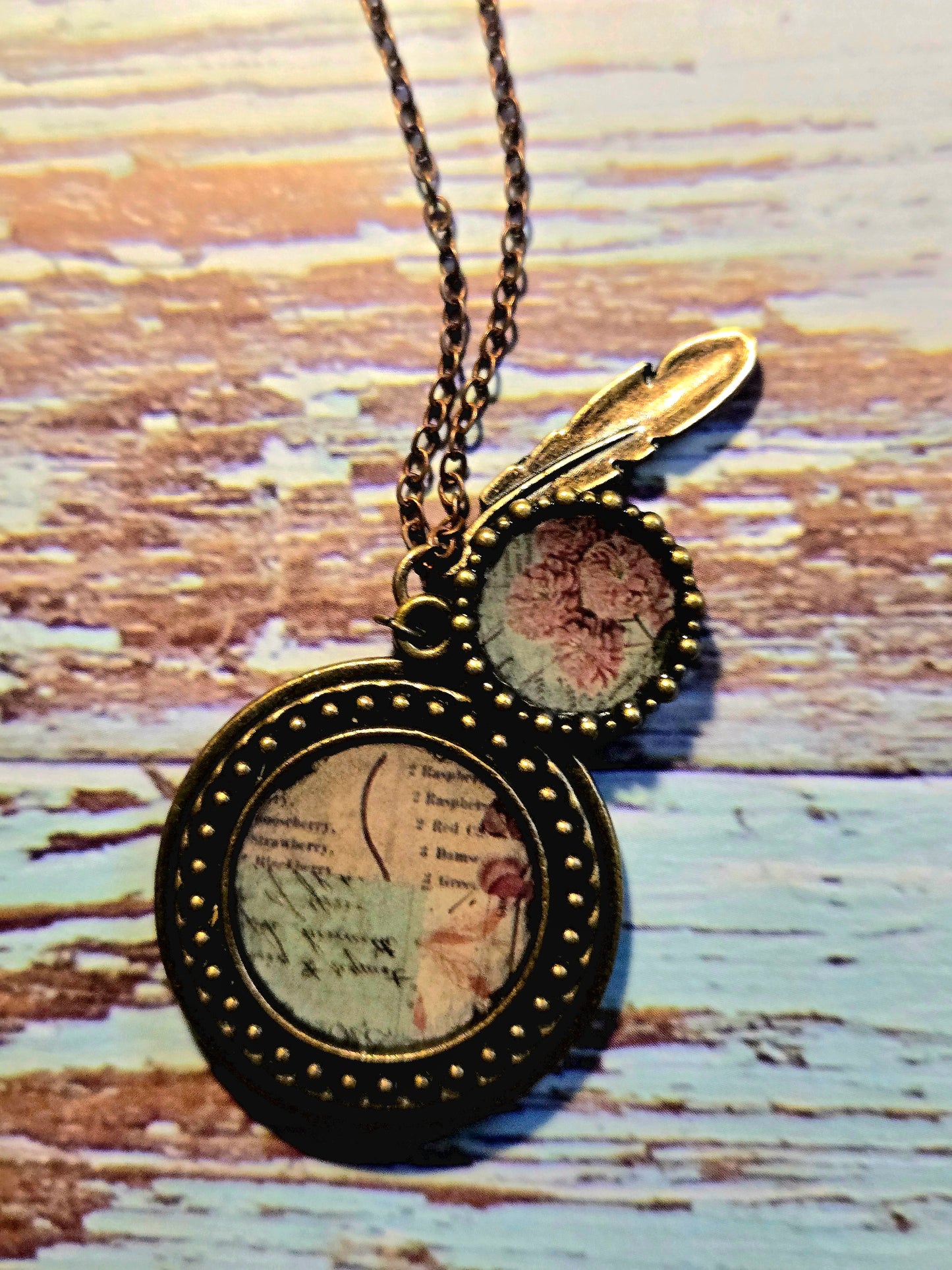 Vintage Floral Pendant Necklace: Pink Flower Illustration, Feather Charm