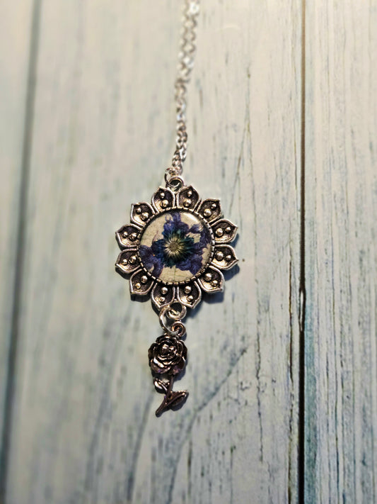 Blue Flower Necklace • Sunburst Pendant with Rose Charm • Vintage Floral Jewelry