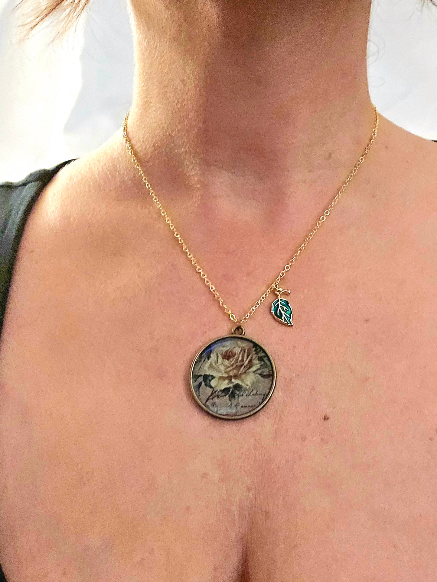 Vintage Rose Pendant Necklace: Botanical Yellow Flower Charm