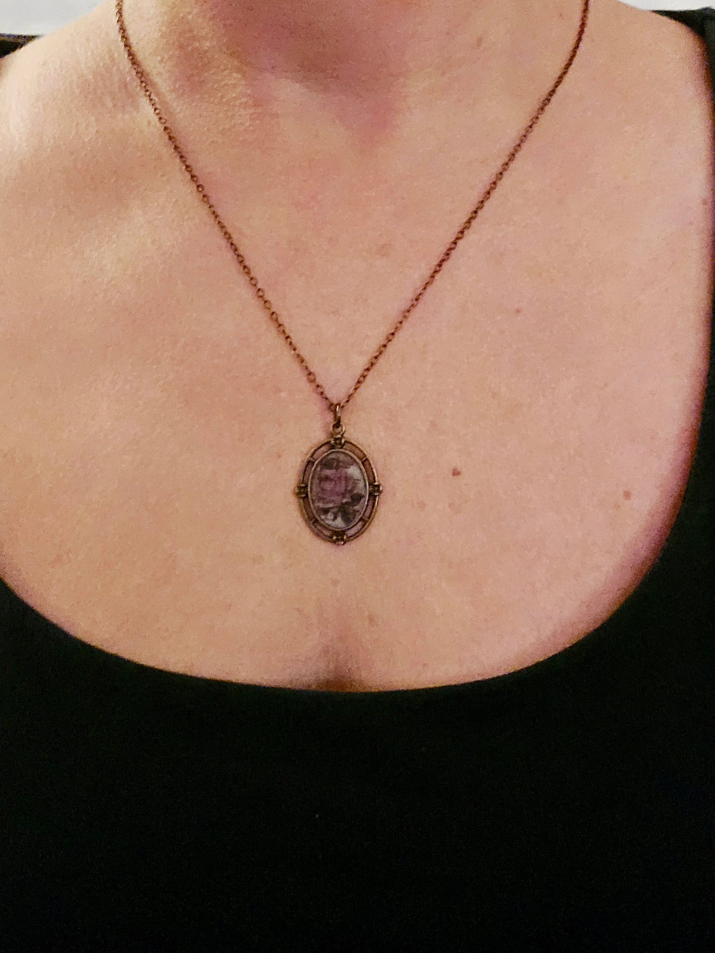 Vintage Rose Music Pendant Necklace: Antique Brass