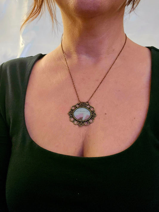 Vintage French Botanical Necklace – Pink Poppy Floral Pendant – Antique Bronze