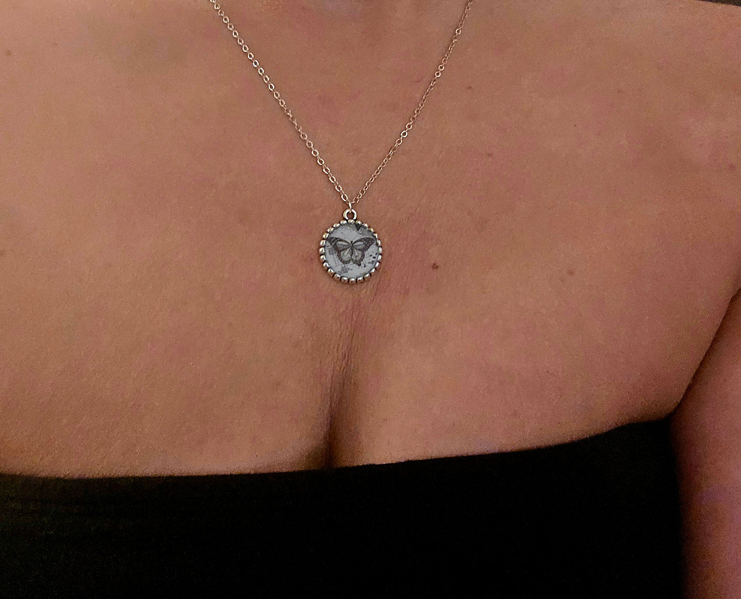 Vintage Butterfly Postcard Pendant Necklace – Silver Chain with Butterfly Charm