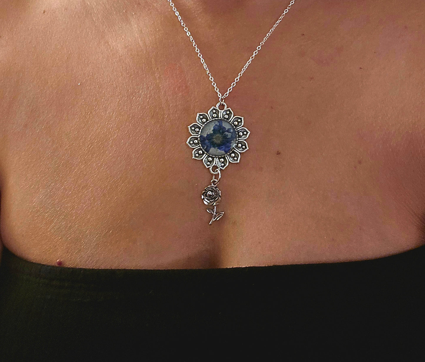 Blue Flower Necklace • Sunburst Pendant with Rose Charm • Vintage Floral Jewelry