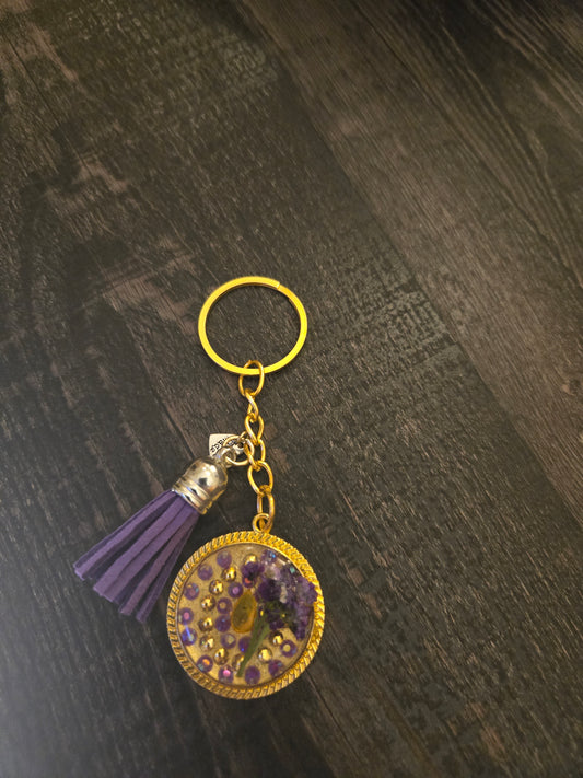 Gold Resin Keychain with Purple Tassel & Real Flower Accent