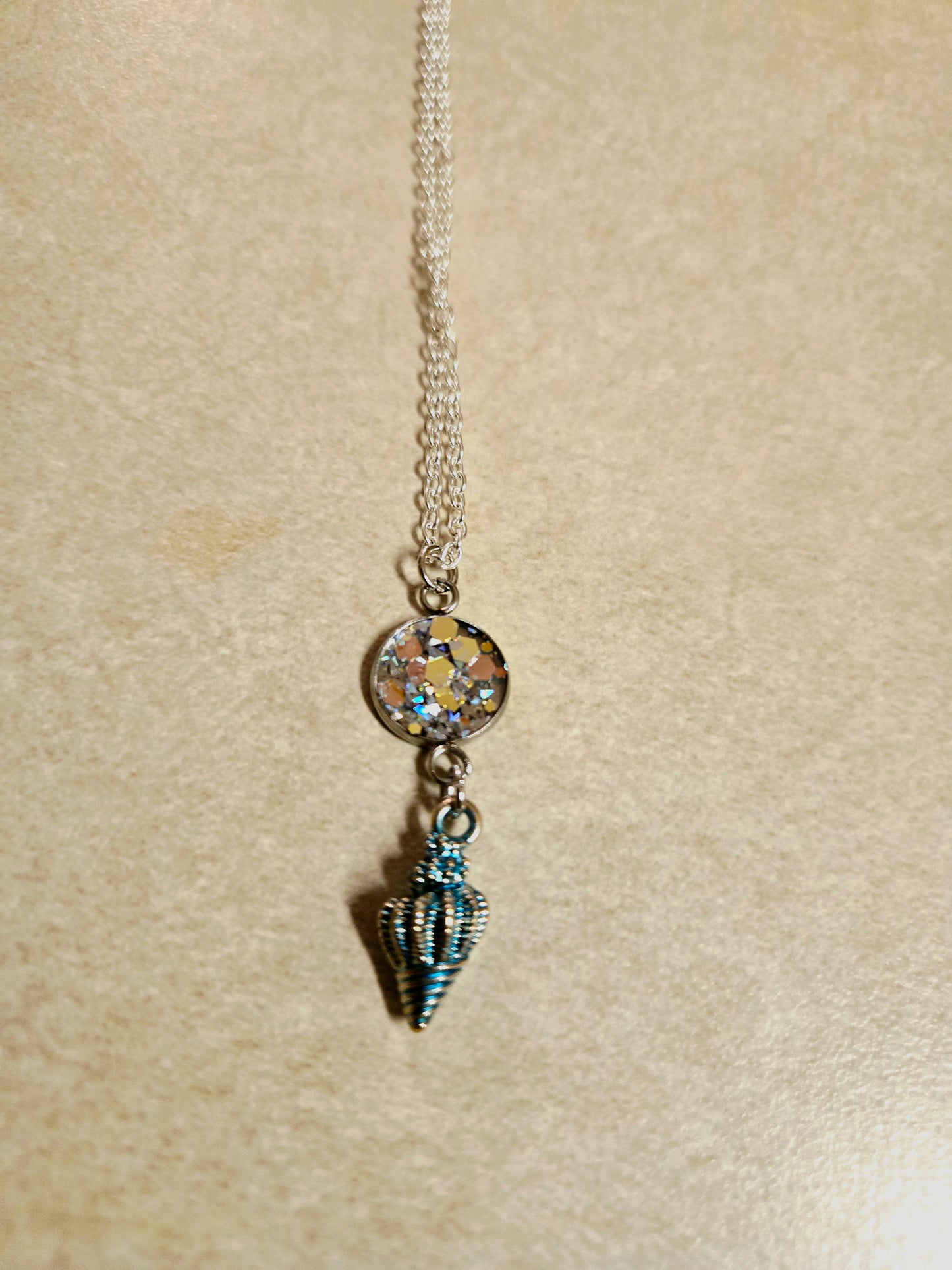 Iridescent Ocean Pendant Necklace with Seashell Charm – Handmade Beach-Inspired Jewelry