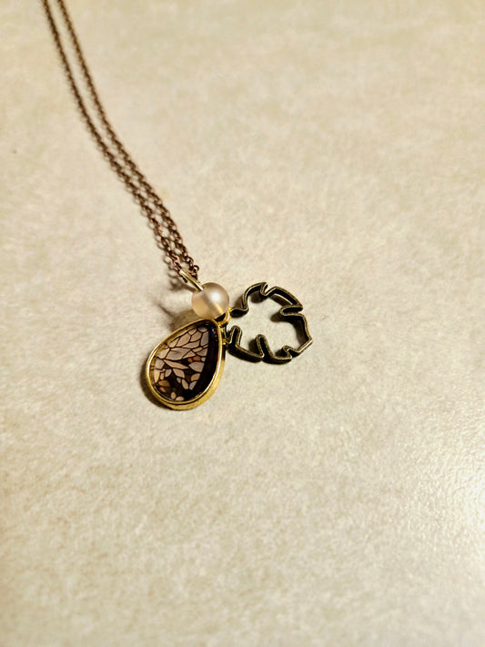 Nature-Inspired Teardrop Pendant Necklace with Pearl Accent – Handmade Mosaic Charm Jewelry