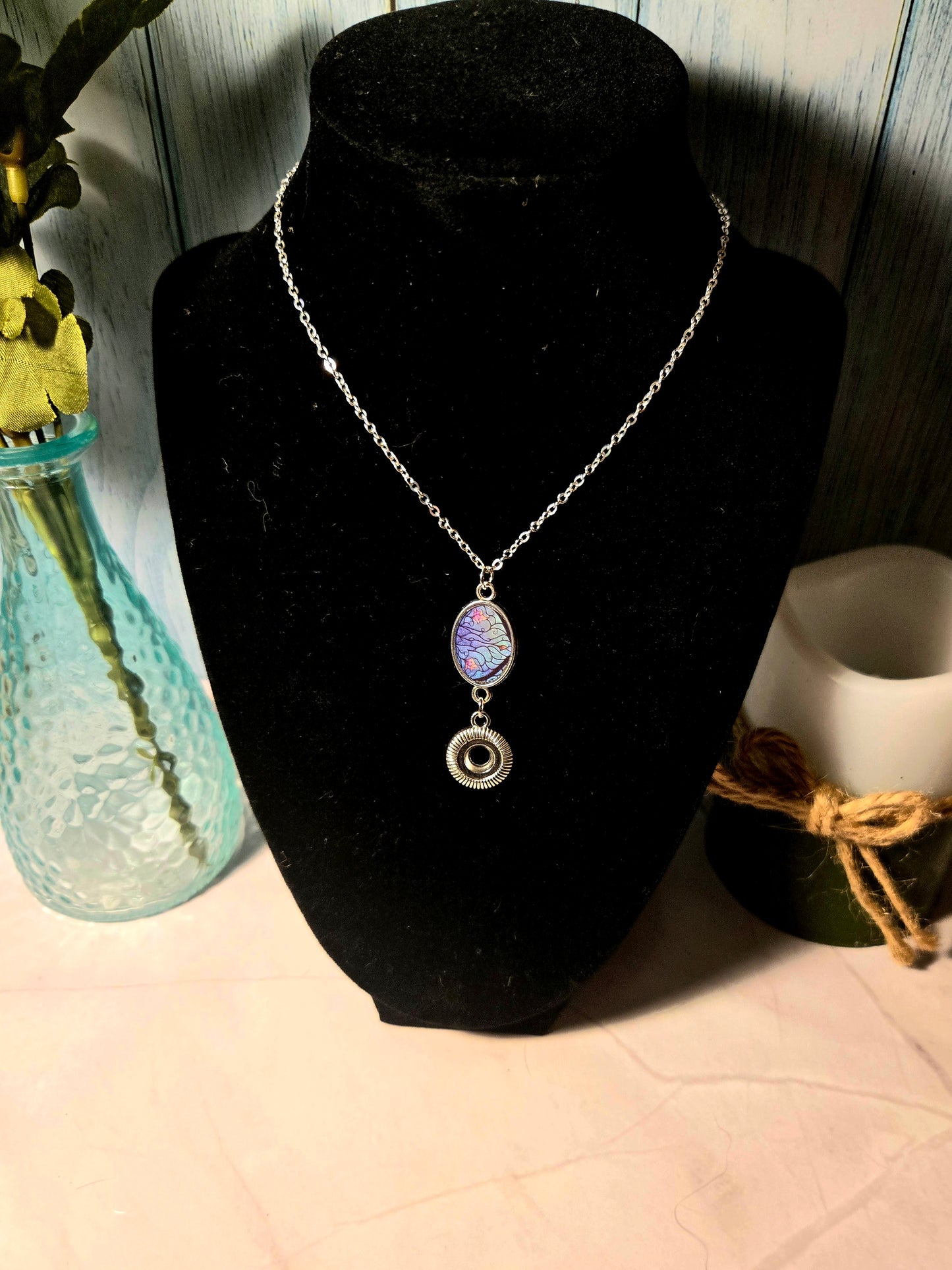 Stained Glass Style Pendant Necklace with Gear Charm – Handmade Silver Chain Jewelry