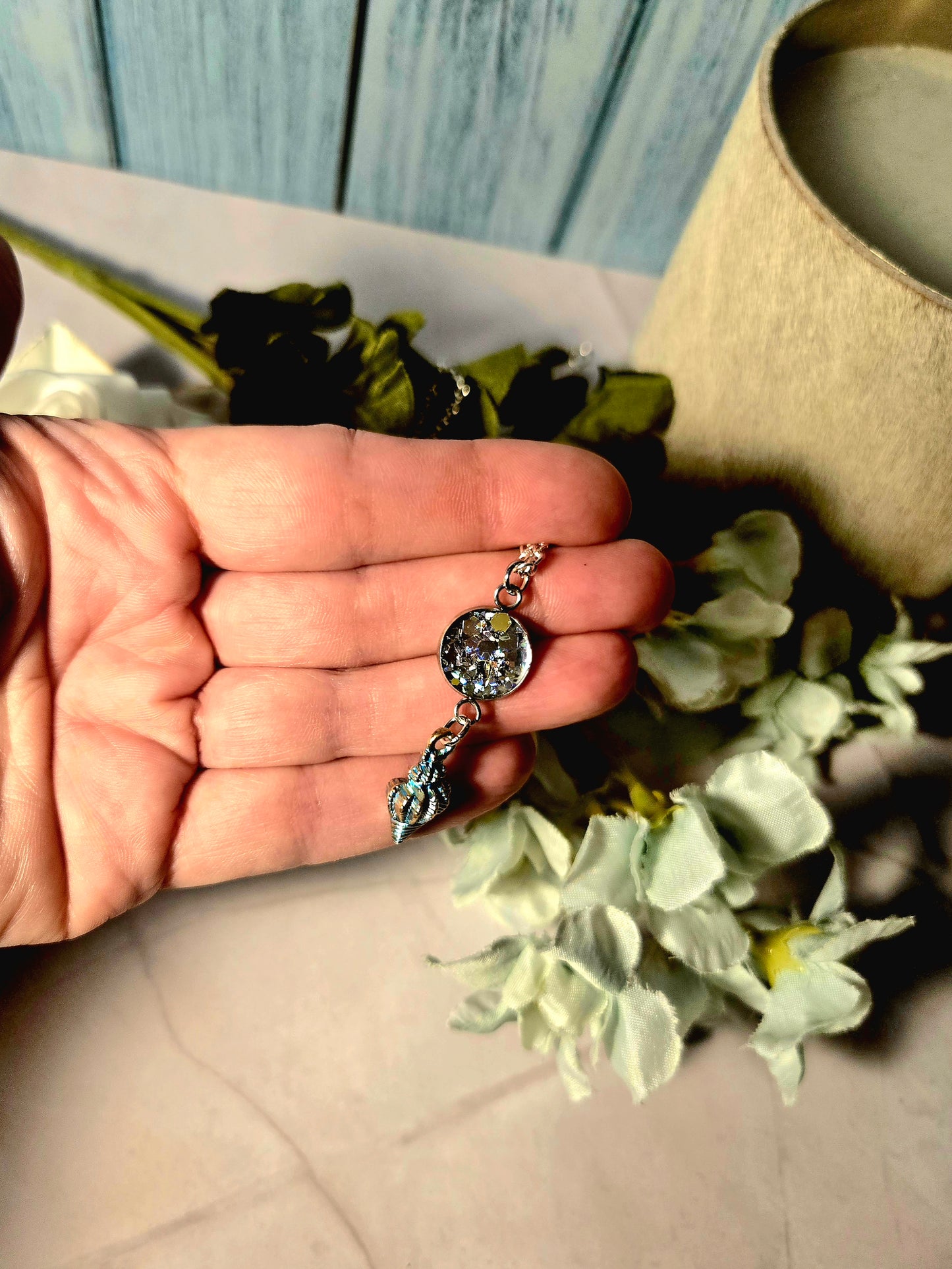Iridescent Ocean Pendant Necklace with Seashell Charm – Handmade Beach-Inspired Jewelry