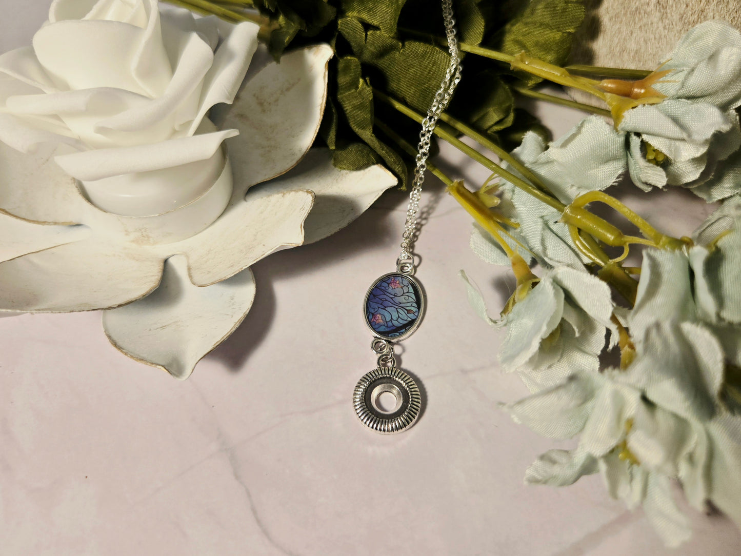 Stained Glass Style Pendant Necklace with Gear Charm – Handmade Silver Chain Jewelry