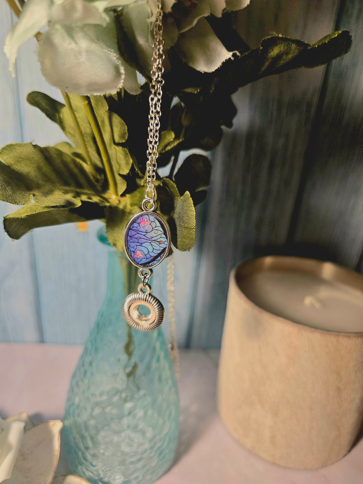 Stained Glass Style Pendant Necklace with Gear Charm – Handmade Silver Chain Jewelry