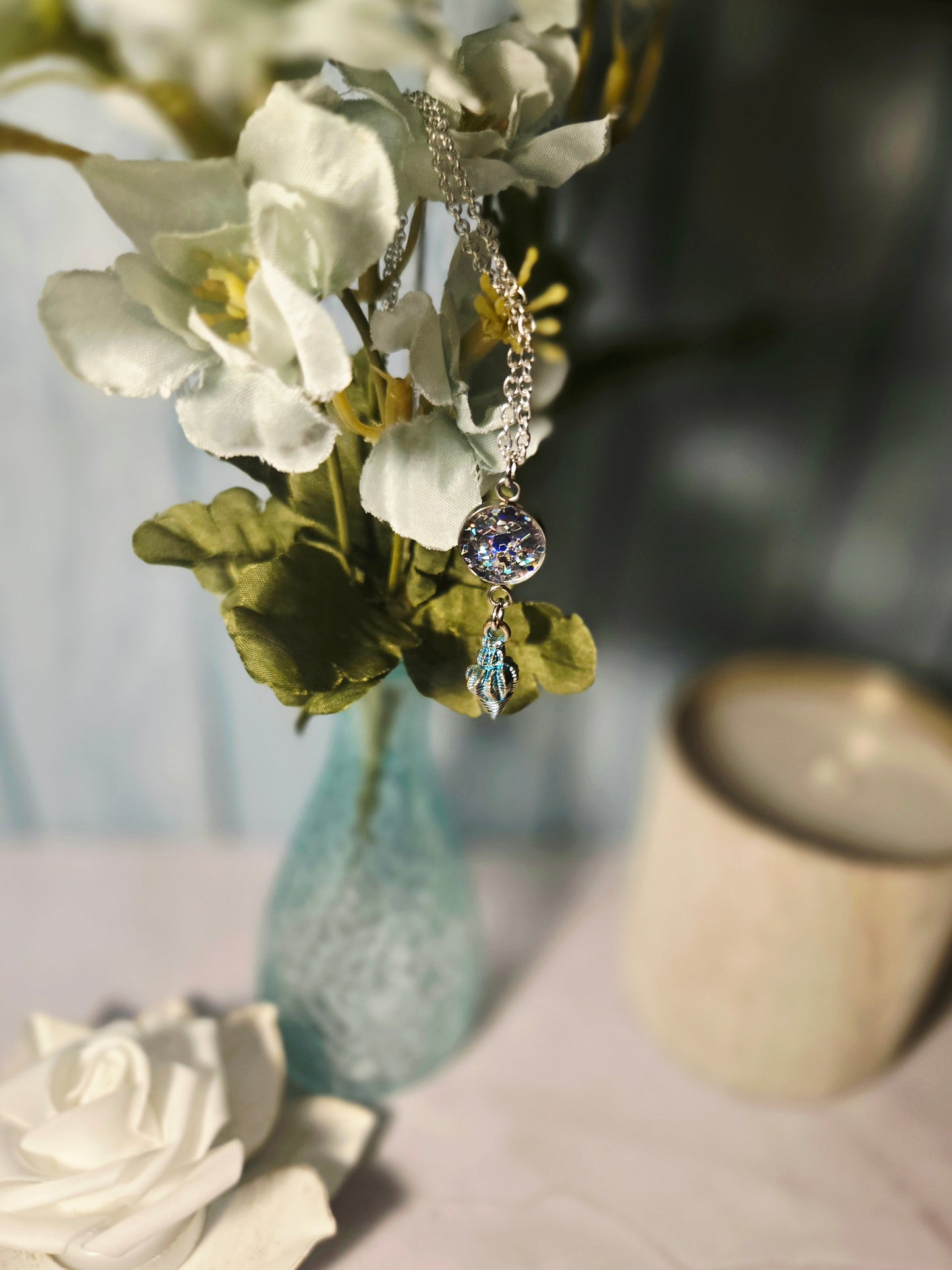 Iridescent Ocean Pendant Necklace with Seashell Charm – Handmade Beach-Inspired Jewelry