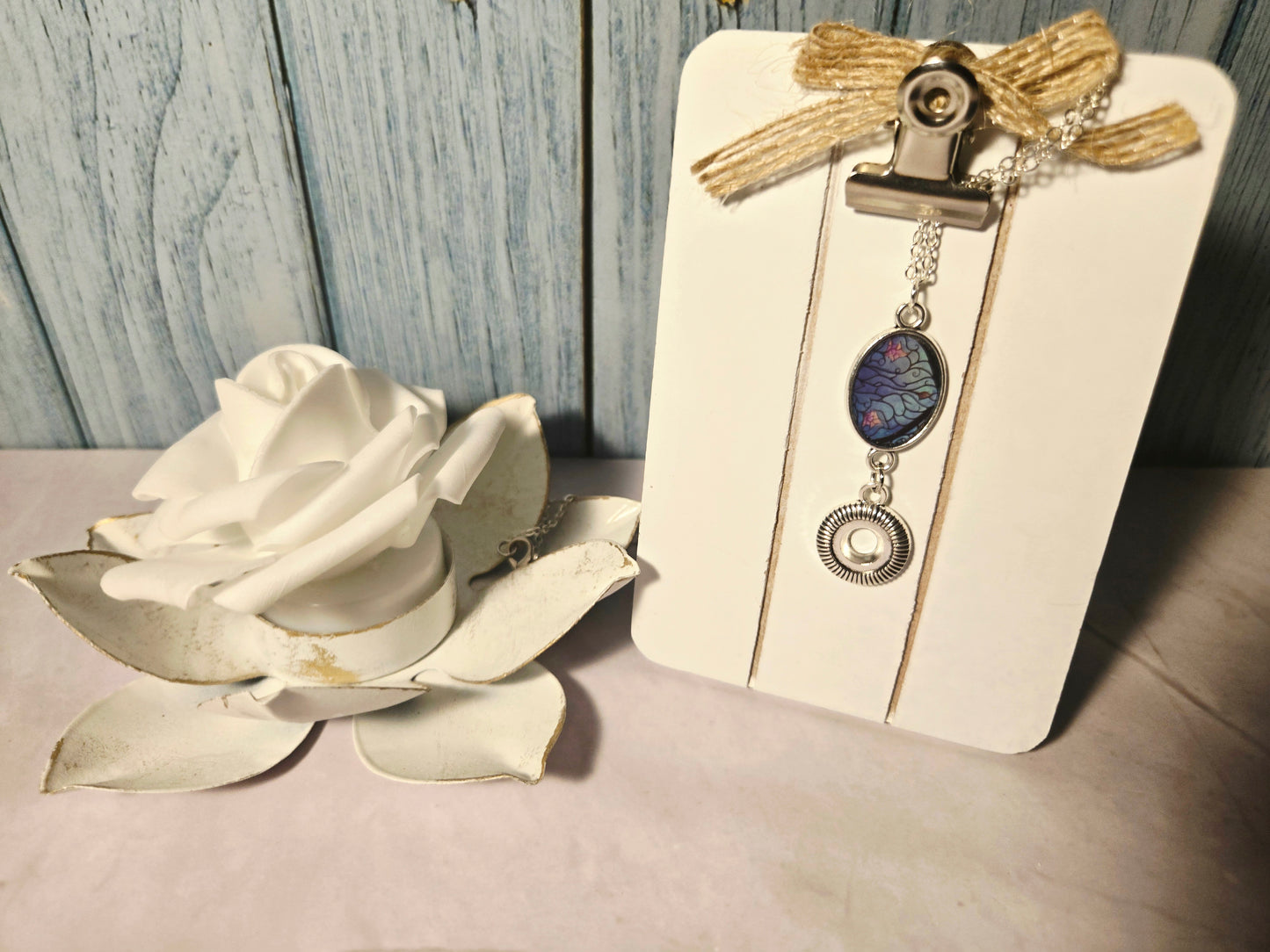 Stained Glass Style Pendant Necklace with Gear Charm – Handmade Silver Chain Jewelry