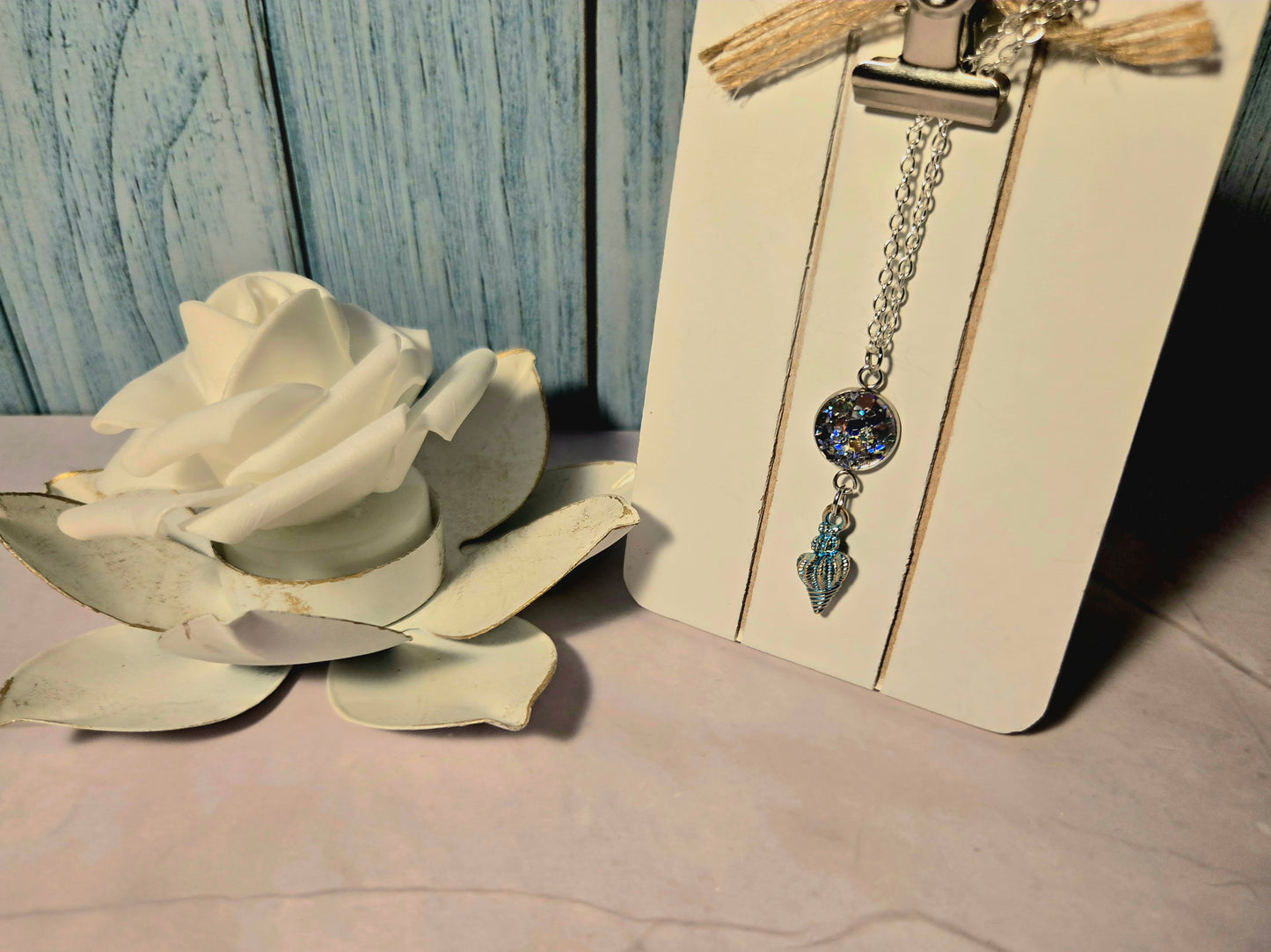 Iridescent Ocean Pendant Necklace with Seashell Charm – Handmade Beach-Inspired Jewelry