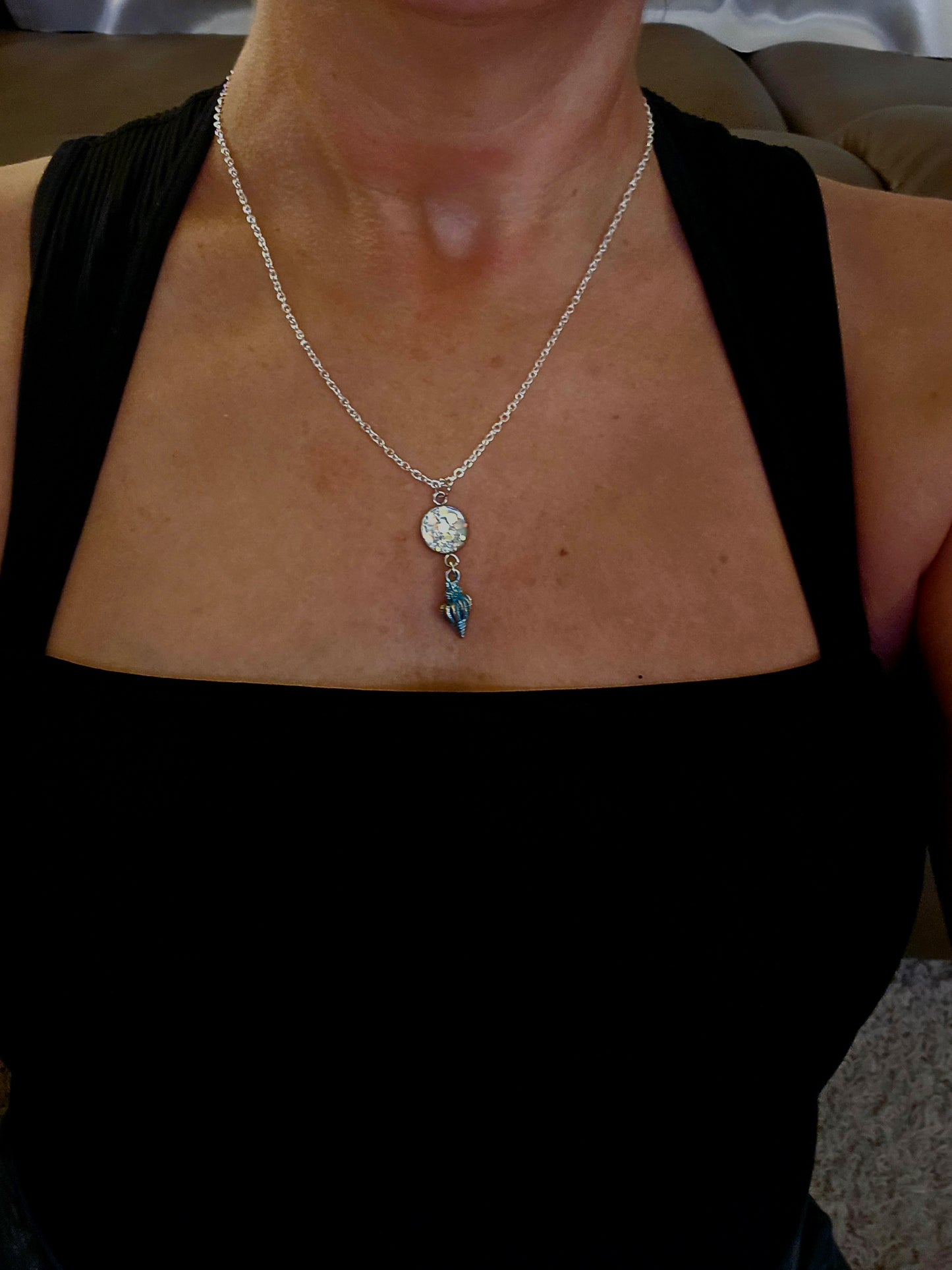 Iridescent Ocean Pendant Necklace with Seashell Charm – Handmade Beach-Inspired Jewelry
