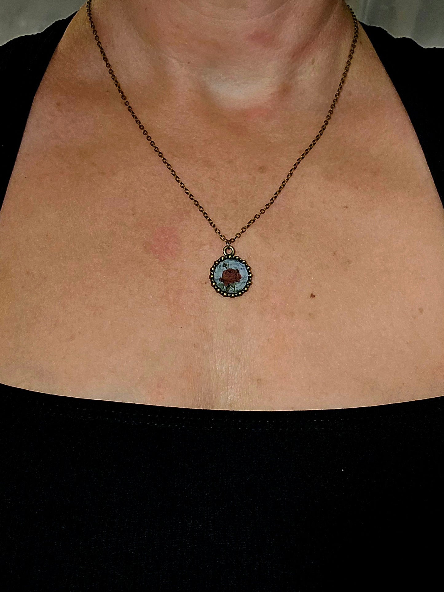 Vintage Rose Pendant Necklace – Antique Brass Chain with Red Rose Illustration