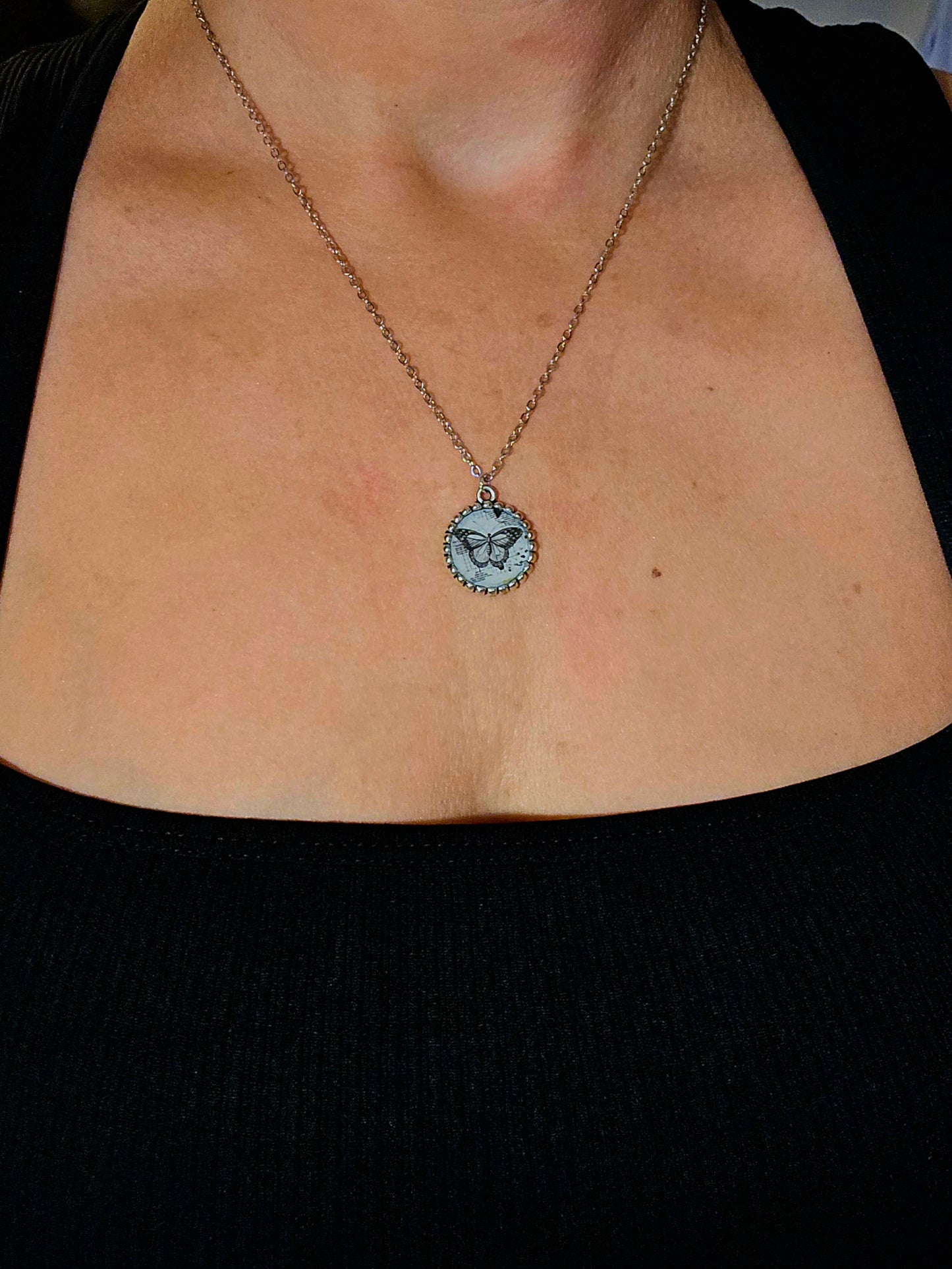 Vintage Butterfly Postcard Pendant Necklace – Silver Chain with Butterfly Charm