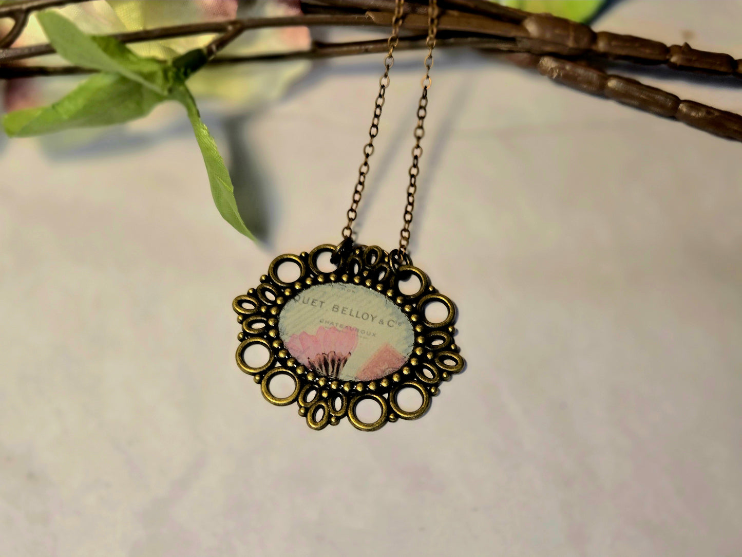 Vintage French Botanical Necklace – Pink Poppy Floral Pendant – Antique Bronze