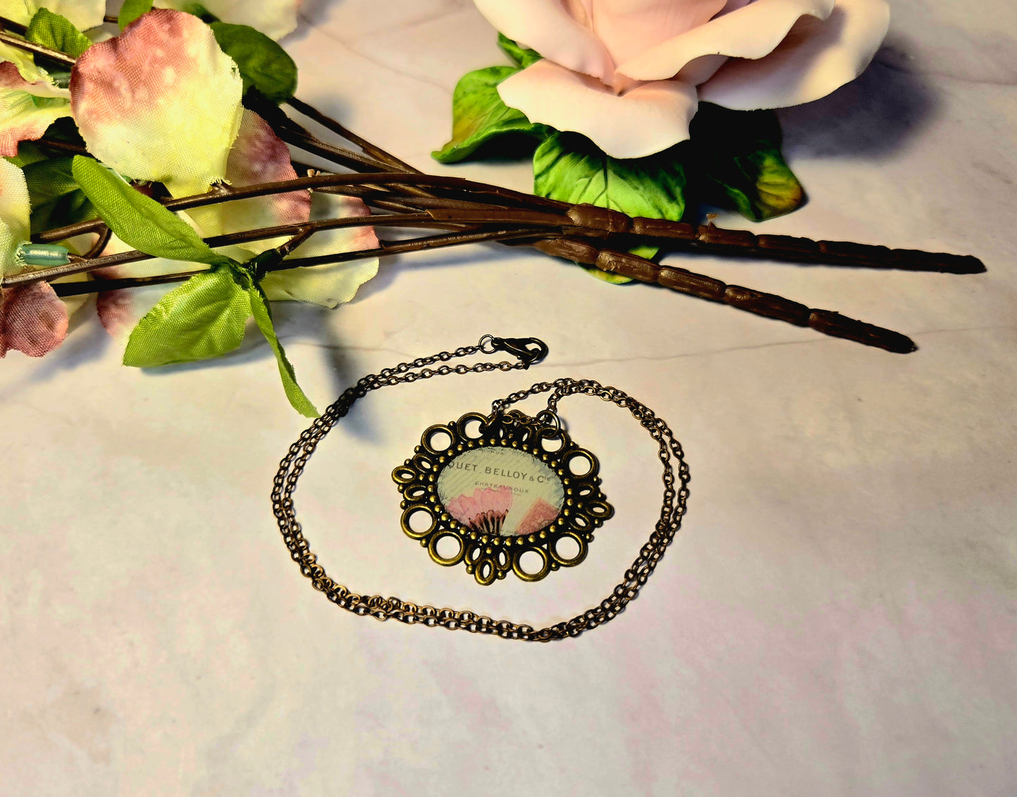 Vintage French Botanical Necklace – Pink Poppy Floral Pendant – Antique Bronze