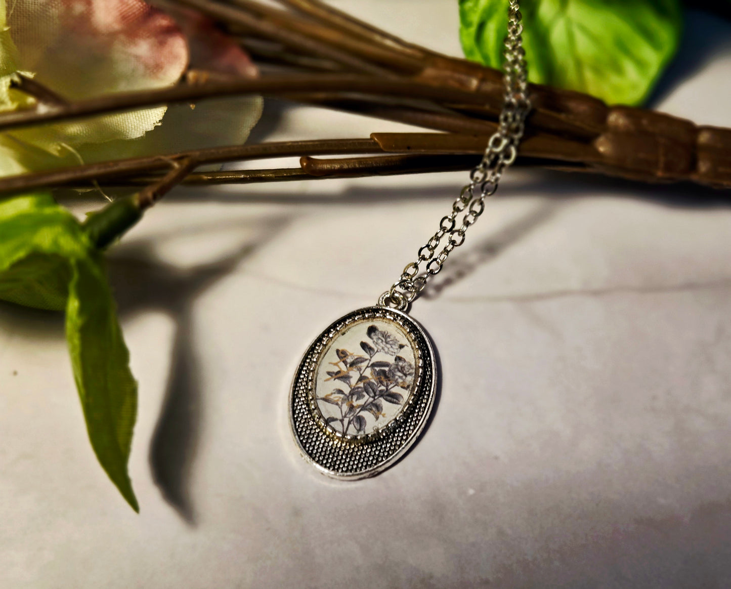 Vintage Black and White Floral Cameo Necklace – Handmade Oval Pendant