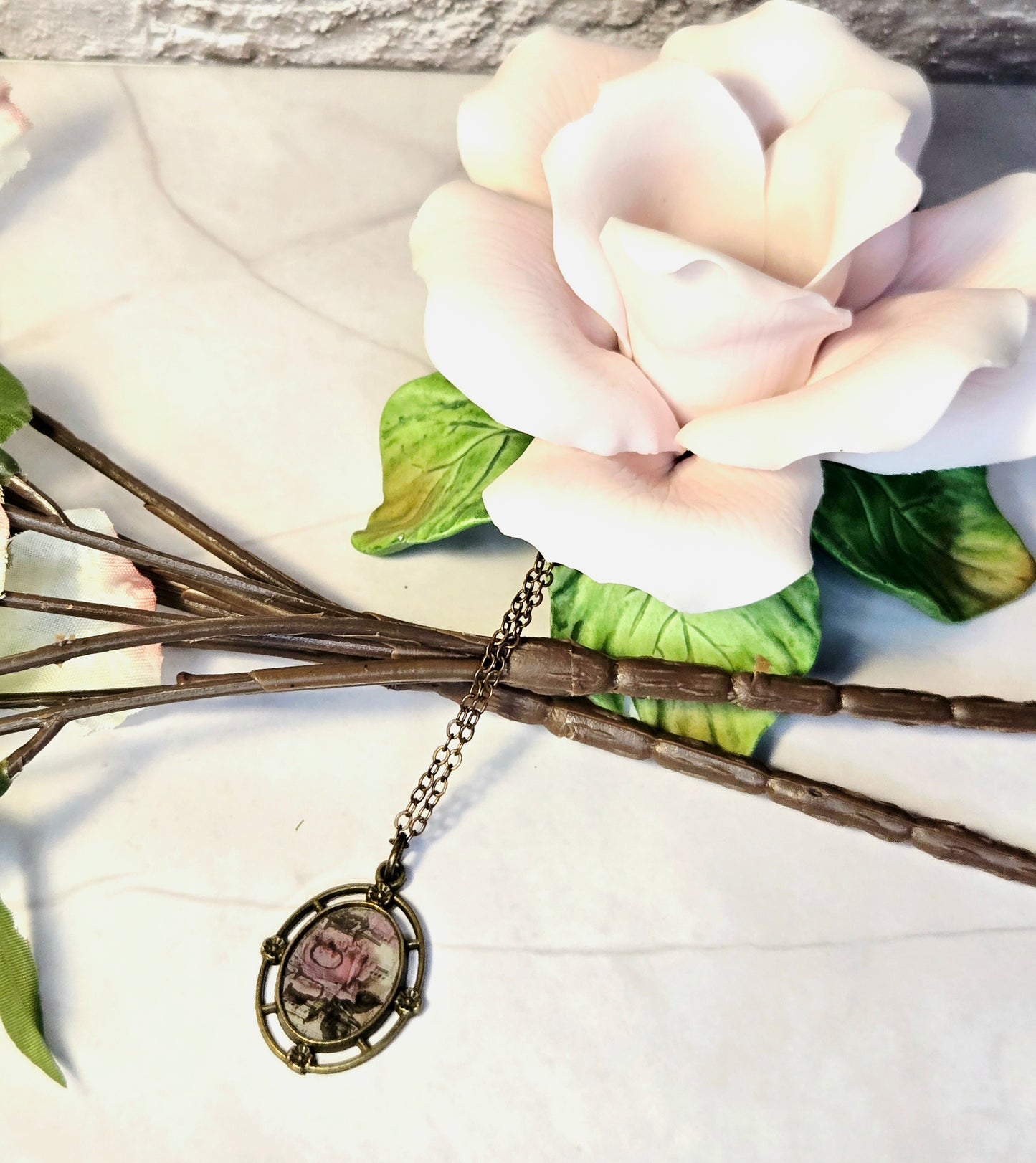 Vintage Rose Music Pendant Necklace: Antique Brass