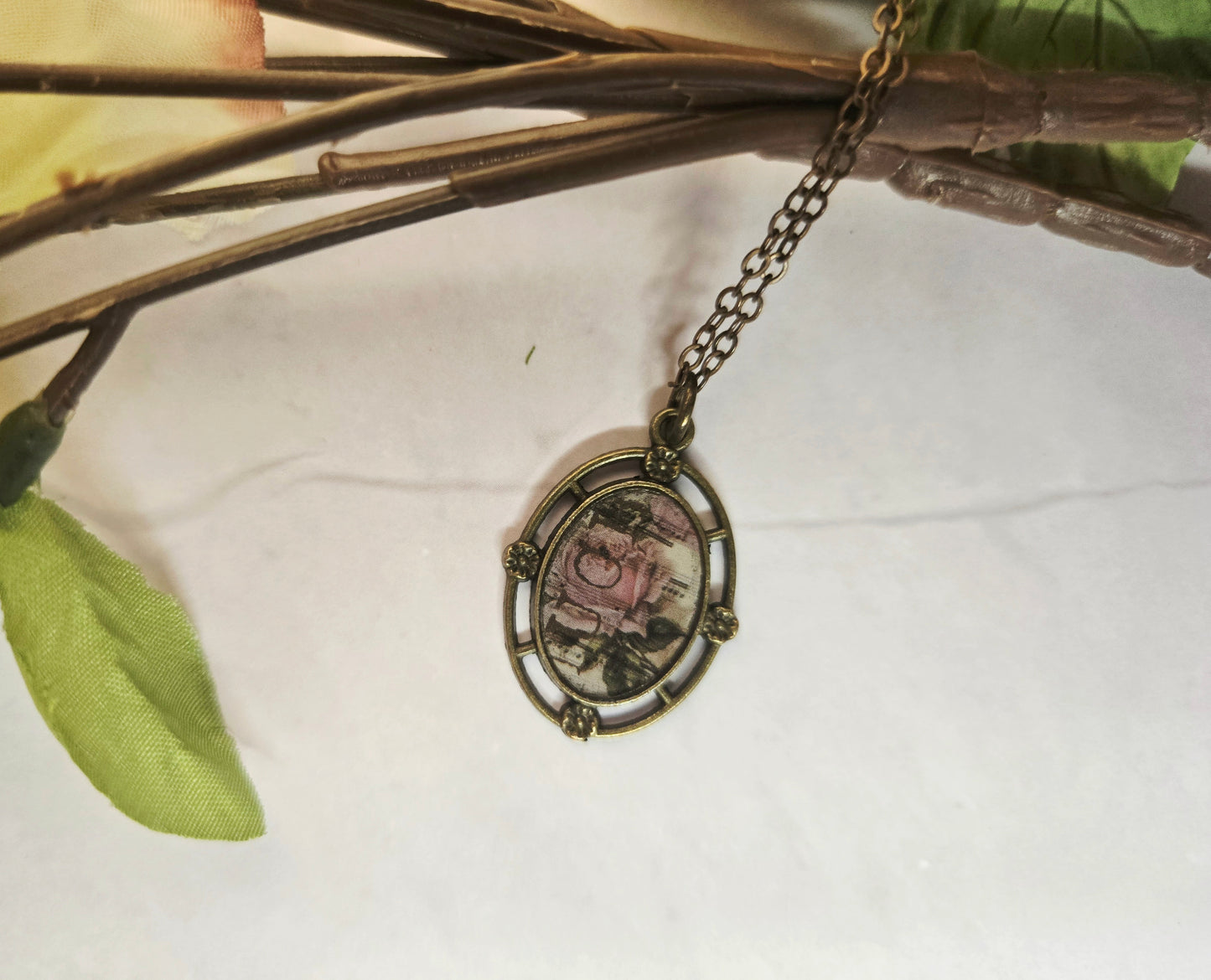 Vintage Rose Music Pendant Necklace: Antique Brass