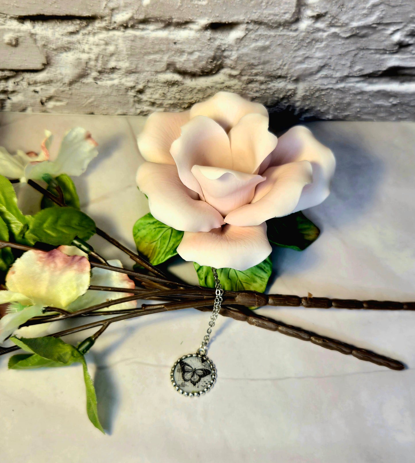 Vintage Butterfly Postcard Pendant Necklace – Silver Chain with Butterfly Charm