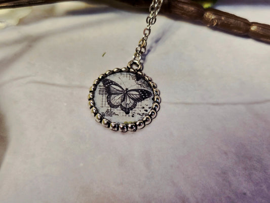 Vintage Butterfly Postcard Pendant Necklace – Silver Chain with Butterfly Charm