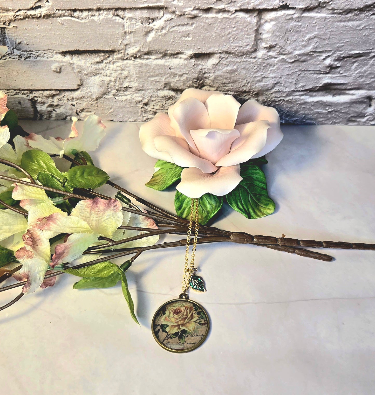 Vintage Rose Pendant Necklace: Botanical Yellow Flower Charm