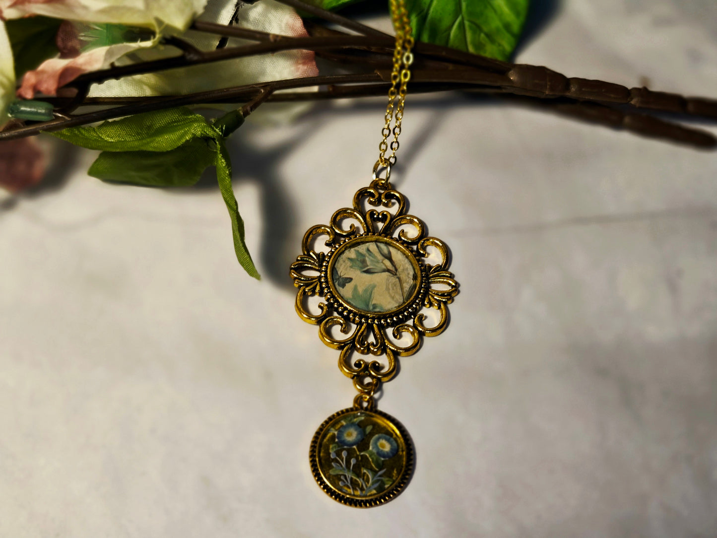 Vintage Flower Pendant Necklace – Antique Brass Double Charm Necklace – Nature Inspired