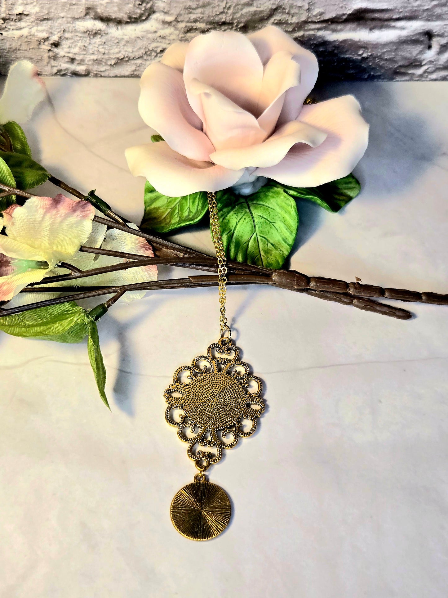Vintage Flower Pendant Necklace – Antique Brass Double Charm Necklace – Nature Inspired