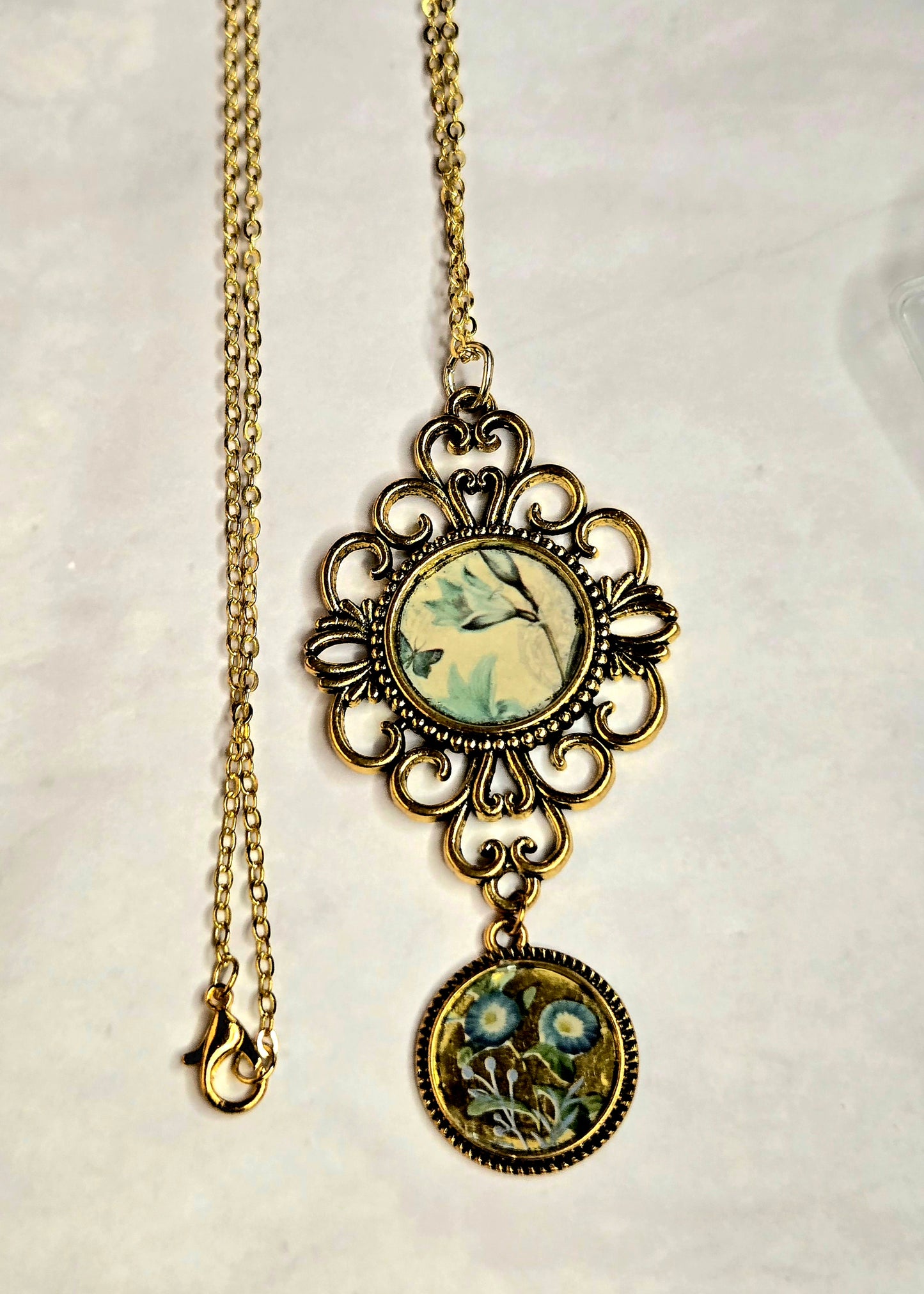 Vintage Flower Pendant Necklace – Antique Brass Double Charm Necklace – Nature Inspired