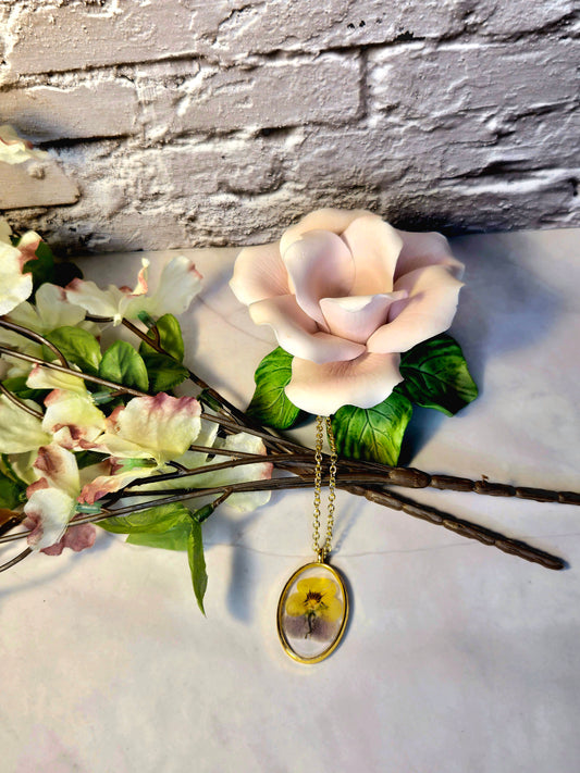 Pressed Flower Necklace – Real Yellow & Purple Blossom in Gold Oval Pendant