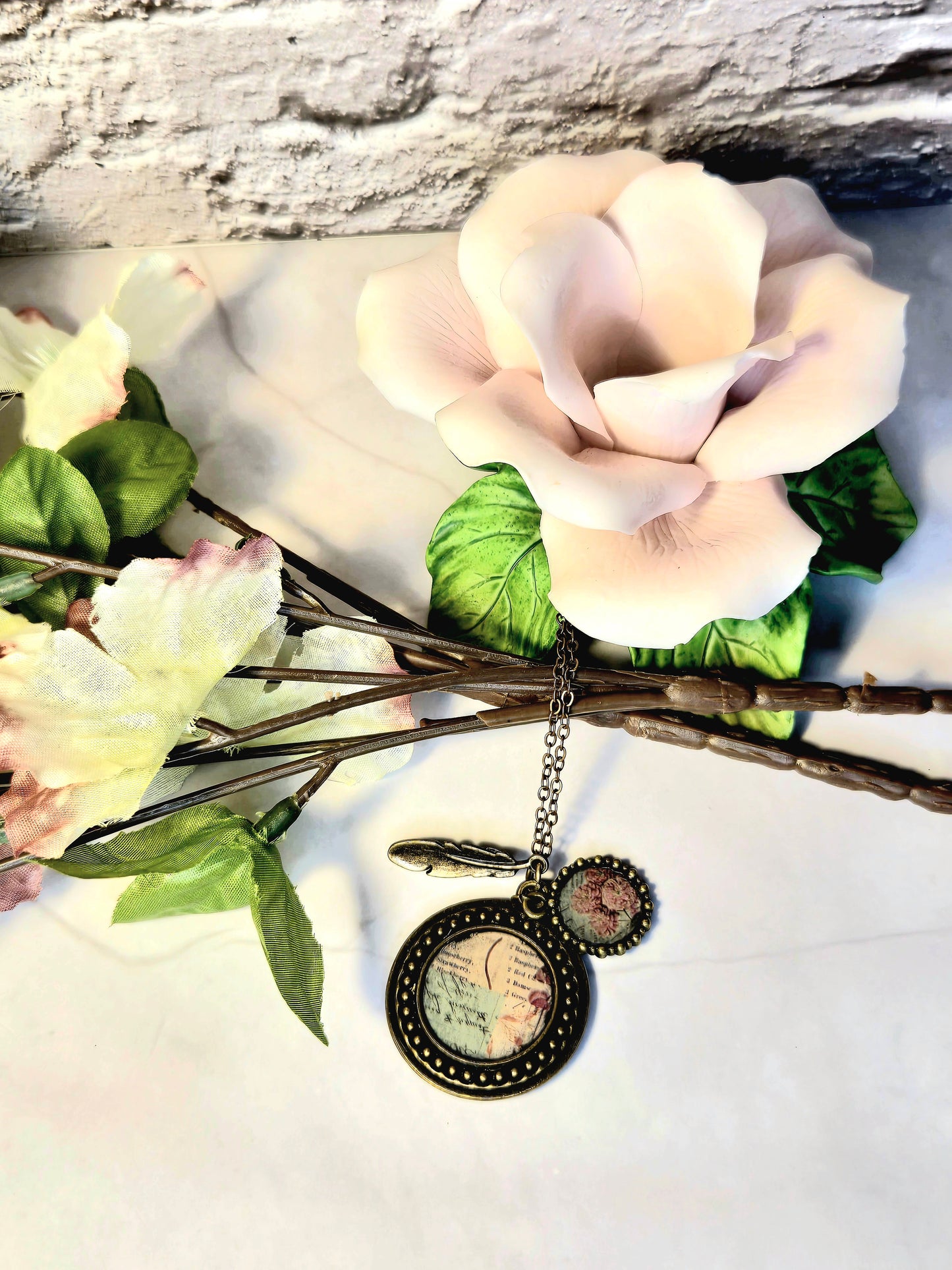 Vintage Floral Pendant Necklace: Pink Flower Illustration, Feather Charm